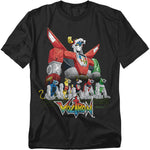 Black t-shirt with retro Voltron: Defender of the Universe artwork featuring Voltron standing tall with all five lions assembled below and the classic Voltron logo at the bottom.