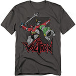 Charcoal gray t-shirt featuring Voltron holding his blazing sword in a battle stance, with a retro distressed logo below.
