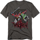 Charcoal gray t-shirt featuring Voltron holding his blazing sword in a battle stance, with a retro distressed logo below.