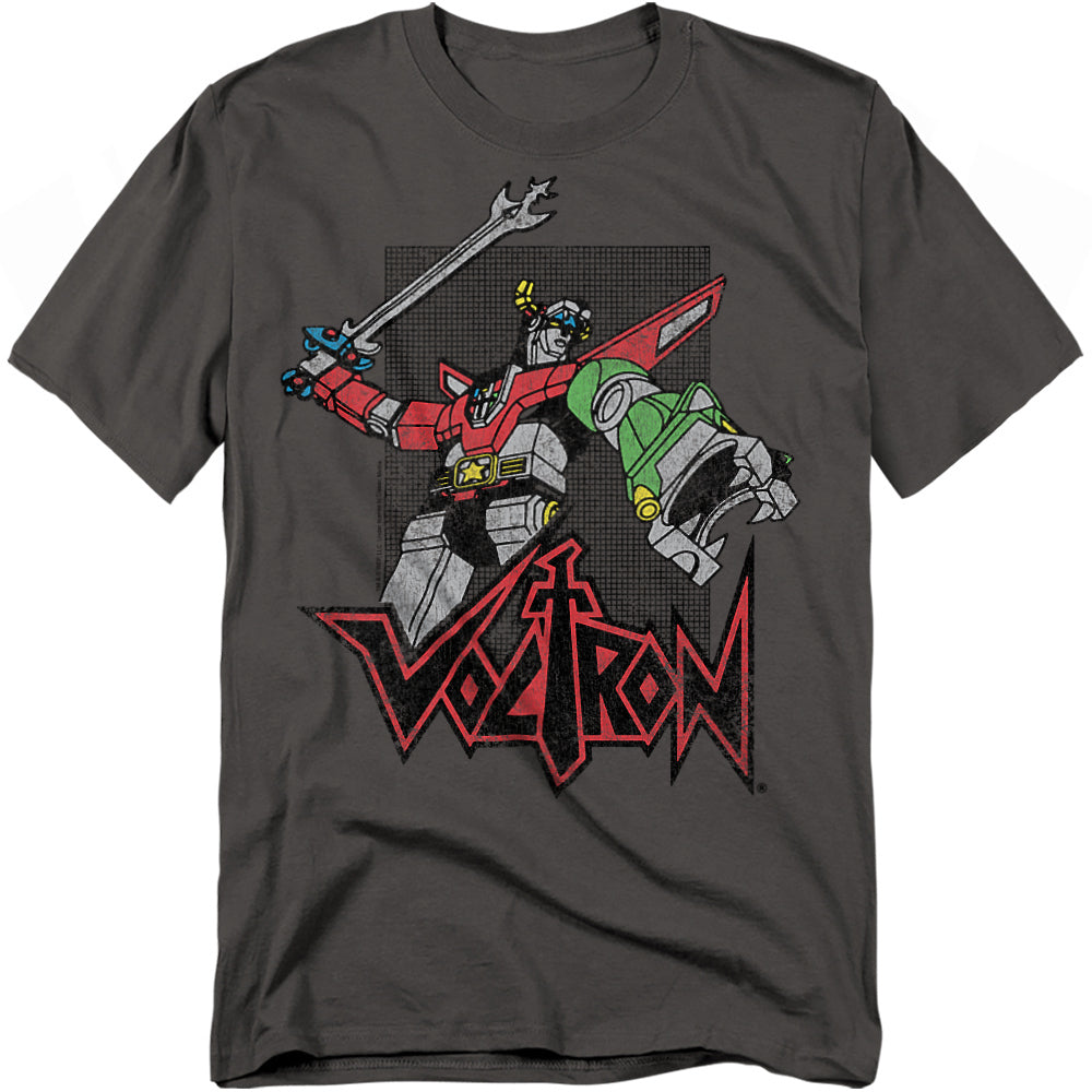 Charcoal gray t-shirt featuring Voltron holding his blazing sword in a battle stance, with a retro distressed logo below.