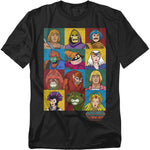 Black Masters of the Universe t-shirt featuring a colorful grid of classic characters like He-Man, Skeletor, Orko, Teela, Sorceress, Beast Man, Battle Cat, Evil-Lyn, and She-Ra in retro cartoon style.