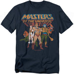 Navy blue Masters of the Universe t-shirt featuring He-Man, Teela, Man-At-Arms, Orko, and Battle Cat in a distressed vintage print under the MOTU logo.