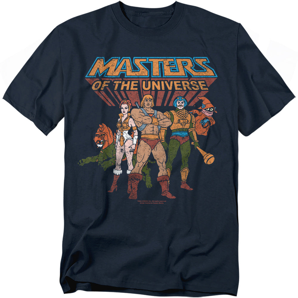 Navy blue Masters of the Universe t-shirt featuring He-Man, Teela, Man-At-Arms, Orko, and Battle Cat in a distressed vintage print under the MOTU logo.