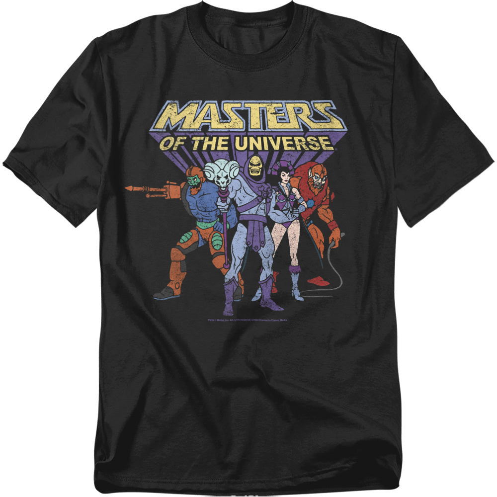 Black t-shirt with a retro Masters of the Universe graphic featuring Skeletor, Evil-Lyn, Beast Man, Trap Jaw, and Mer-Man standing together under the classic logo.