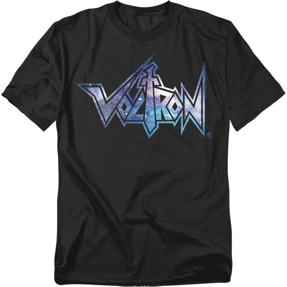 A black t-shirt featuring the Voltron logo in a bold, angular font filled with a starry galaxy texture. The word "Voltron" appears in shades of blue, purple, and white, evoking the vastness of space and the cosmic battles of the Legendary Defender.