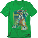 A green t-shirt featuring Voltron in his full combined form, holding his blazing sword high. The artwork shows the giant robot with his lion limbs in bold colors against a cosmic background. Beside him, the text reads “Defender of the Universe” in yellow.