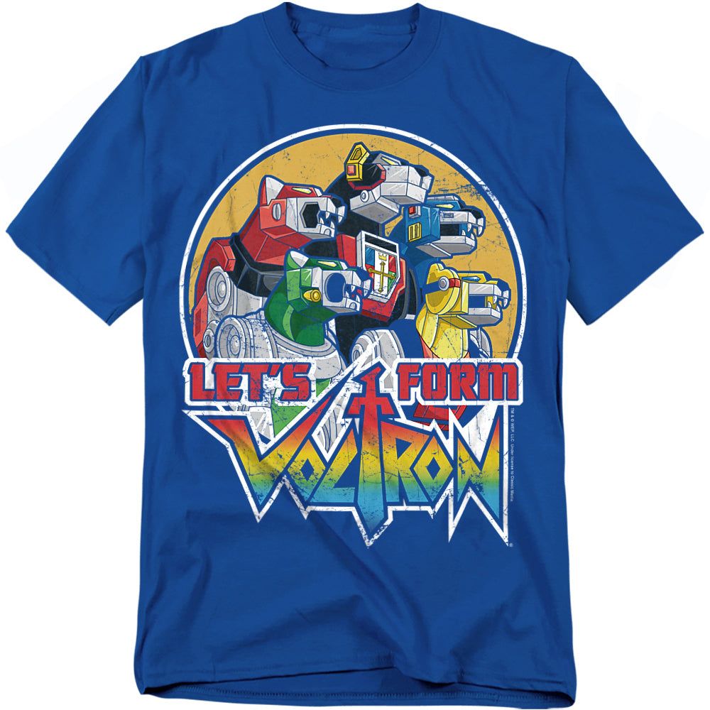 Blue t-shirt with a vintage-style graphic of the five Voltron lion heads inside a circle, text reads “Let’s Form Voltron” with a rainbow gradient logo.