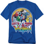 Blue t-shirt with a vintage-style graphic of the five Voltron lion heads inside a circle, text reads “Let’s Form Voltron” with a rainbow gradient logo.