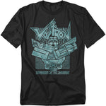 A black t-shirt featuring a teal line-art style graphic of Voltron with arms crossed in front of a retro grid background. The word "Voltron" appears in a bold stylized font above, and "Defender of the Universe" is written below the image.