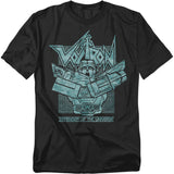 A black t-shirt featuring a teal line-art style graphic of Voltron with arms crossed in front of a retro grid background. The word "Voltron" appears in a bold stylized font above, and "Defender of the Universe" is written below the image.