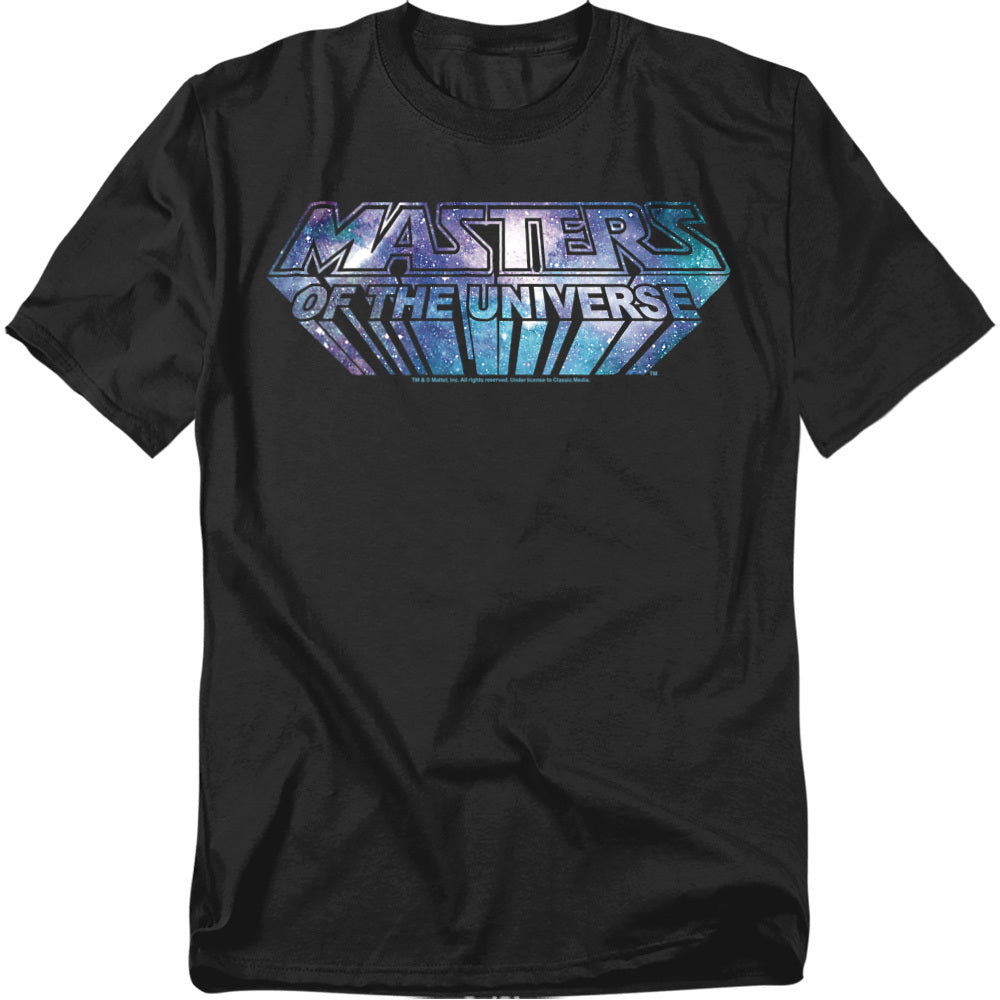 Black Masters of the Universe t-shirt with the classic MOTU logo filled with a cosmic galaxy design in blue and purple tones.