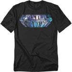 Black Masters of the Universe t-shirt with the classic MOTU logo filled with a cosmic galaxy design in blue and purple tones.