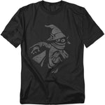 Black Masters of the Universe t-shirt with a distressed gray graphic of Orko, the mystical Trollan magician, in his classic hat and cloak.