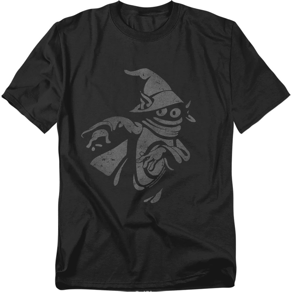 Black Masters of the Universe t-shirt with a distressed gray graphic of Orko, the mystical Trollan magician, in his classic hat and cloak.
