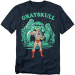 Black Masters of the Universe t-shirt featuring He-Man standing in front of Castle Grayskull, holding the Power Sword aloft under the word “GRAYSKULL.”