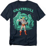 Black Masters of the Universe t-shirt featuring He-Man standing in front of Castle Grayskull, holding the Power Sword aloft under the word “GRAYSKULL.”