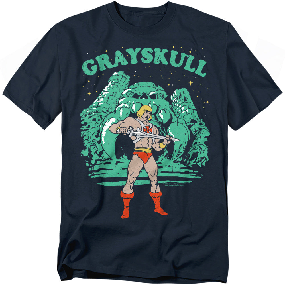 Black Masters of the Universe t-shirt featuring He-Man standing in front of Castle Grayskull, holding the Power Sword aloft under the word “GRAYSKULL.”