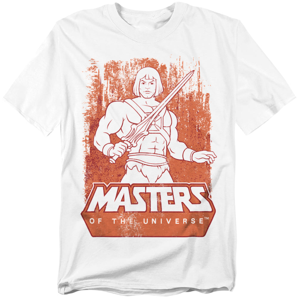 White Masters of the Universe t-shirt featuring a bold red distressed print of He-Man holding the Power Sword, with the MOTU logo beneath.