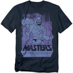 Black Masters of the Universe t-shirt featuring Skeletor holding his Havoc Staff, illustrated in a distressed purple design with the MOTU logo below.