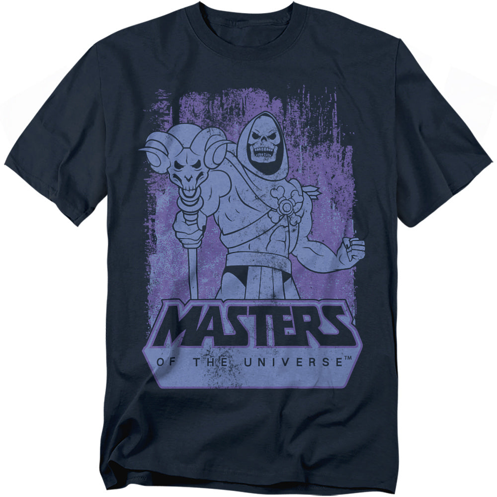 Black Masters of the Universe t-shirt featuring Skeletor holding his Havoc Staff, illustrated in a distressed purple design with the MOTU logo below.