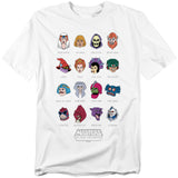 White Masters of the Universe t-shirt featuring 16 character headshots from the classic cartoon, including He-Man, Skeletor, Orko, Teela, Battle Cat, Evil-Lyn, and more, arranged in a grid with their names printed below each face.