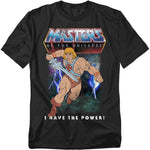 Black t-shirt with 'Masters of the Universe' graphic featuring He-Man holding a sword.