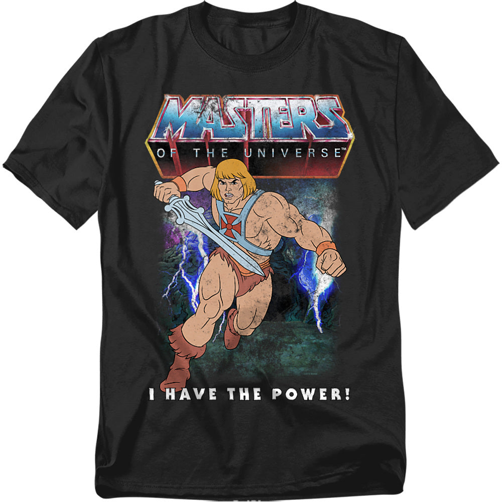 Black t-shirt with 'Masters of the Universe' graphic featuring He-Man holding a sword.