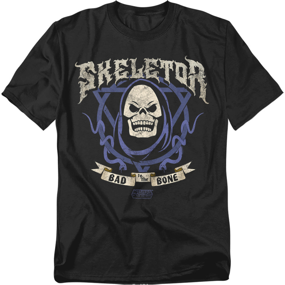 Black t-shirt with 'Skeletor' graphic design featuring a skull and text on a white background.