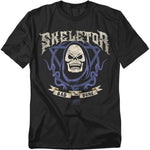 Black t-shirt with 'Skeletor' graphic design featuring a skull and text on a white background.