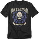 Black t-shirt with 'Skeletor' graphic design featuring a skull and text on a white background.