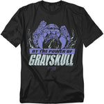 Black t-shirt with purple and white graphic design on a white background