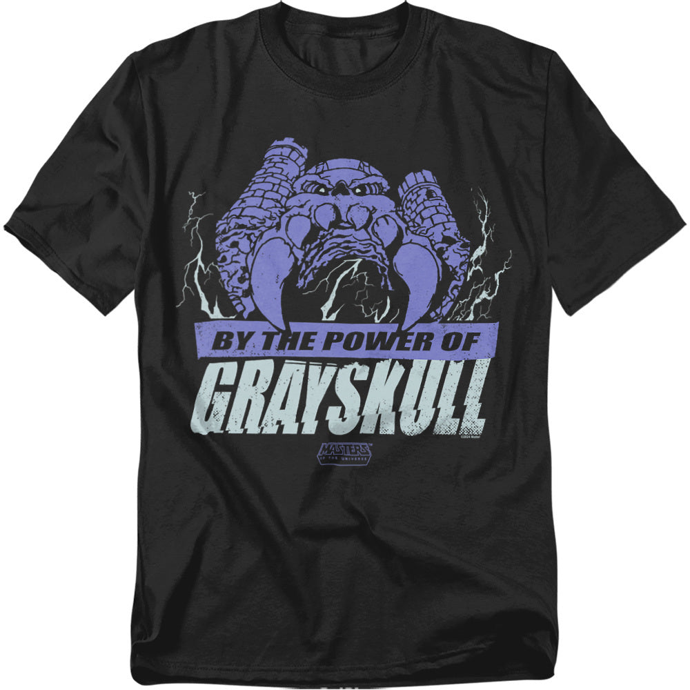Black t-shirt with purple and white graphic design on a white background