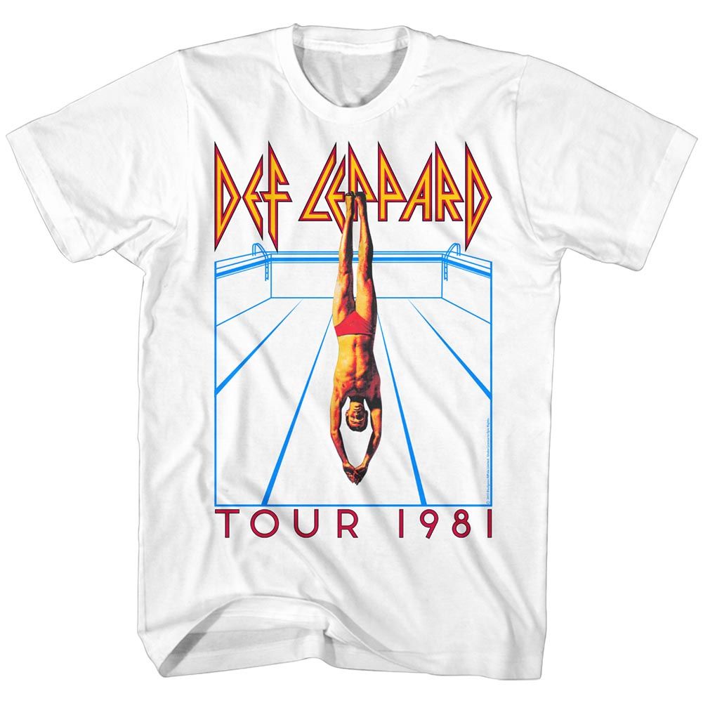 White t-shirt with Def Leppard concert tour graphic on a white background