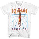 White t-shirt with Def Leppard concert tour graphic on a white background