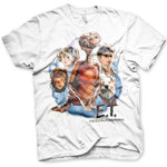 White t-shirt with 'E.T.' graphic featuring a young boy, dog, and alien character.
