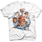 White t-shirt with 'E.T.' graphic featuring a young boy, dog, and alien character.