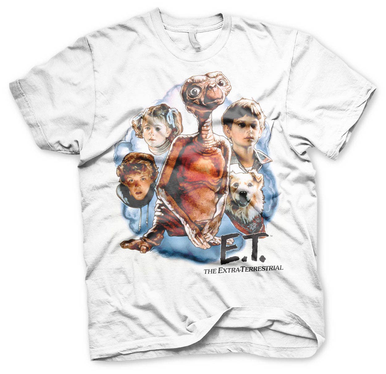 White t-shirt with 'E.T.' graphic featuring a young boy, dog, and alien character.