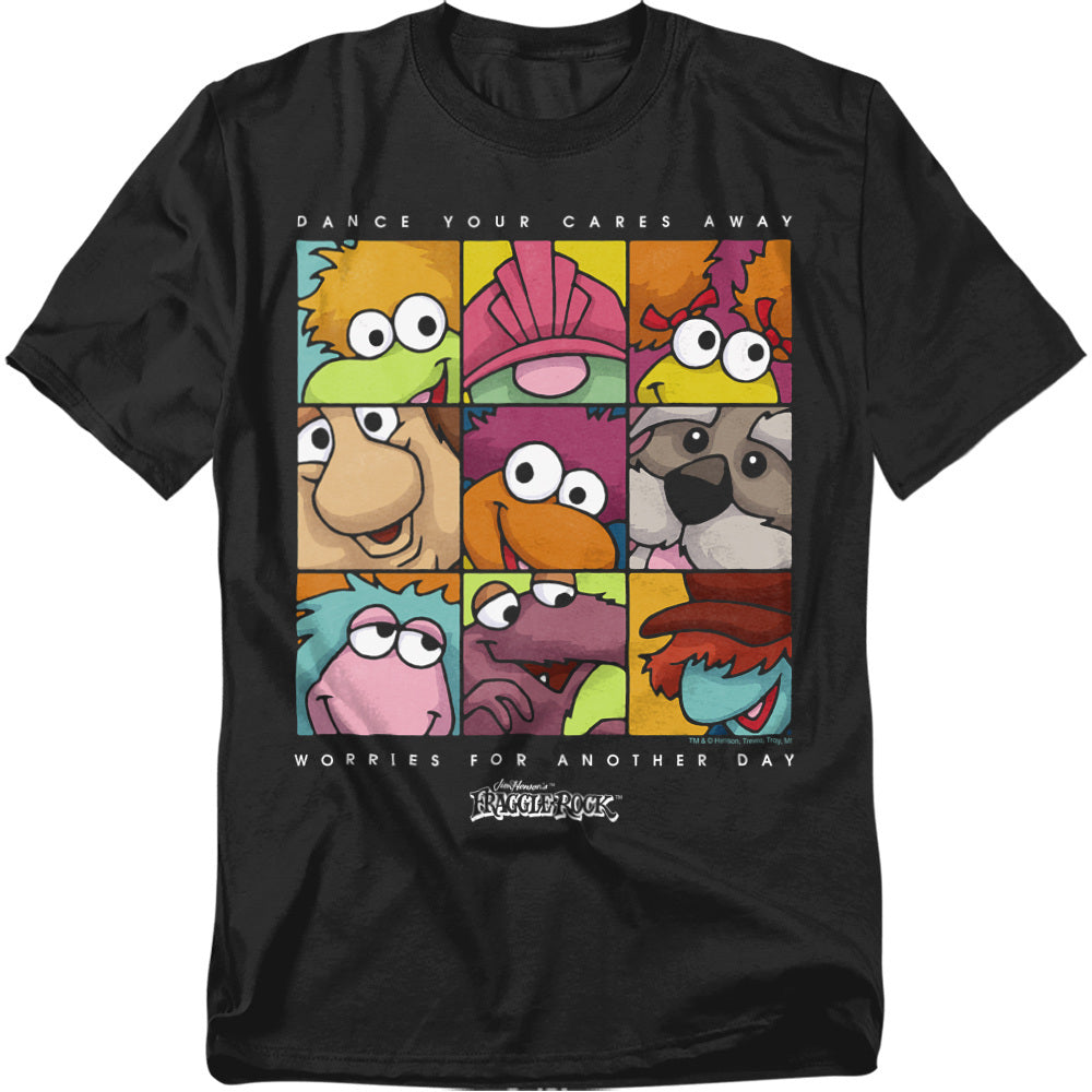 Black t-shirt featuring a colorful 9-square grid of Fraggle Rock characters with the words “Dance Your Cares Away, Worries for Another Day.”