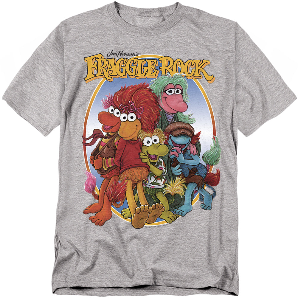 Heather gray t-shirt featuring Gobo, Red, Wembley, Mokey, and Boober from Fraggle Rock in a colorful oval design with the Fraggle Rock logo.