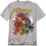 Heather gray t-shirt featuring Gobo, Red, Wembley, Mokey, and Boober from Fraggle Rock in a colorful oval design with the Fraggle Rock logo.