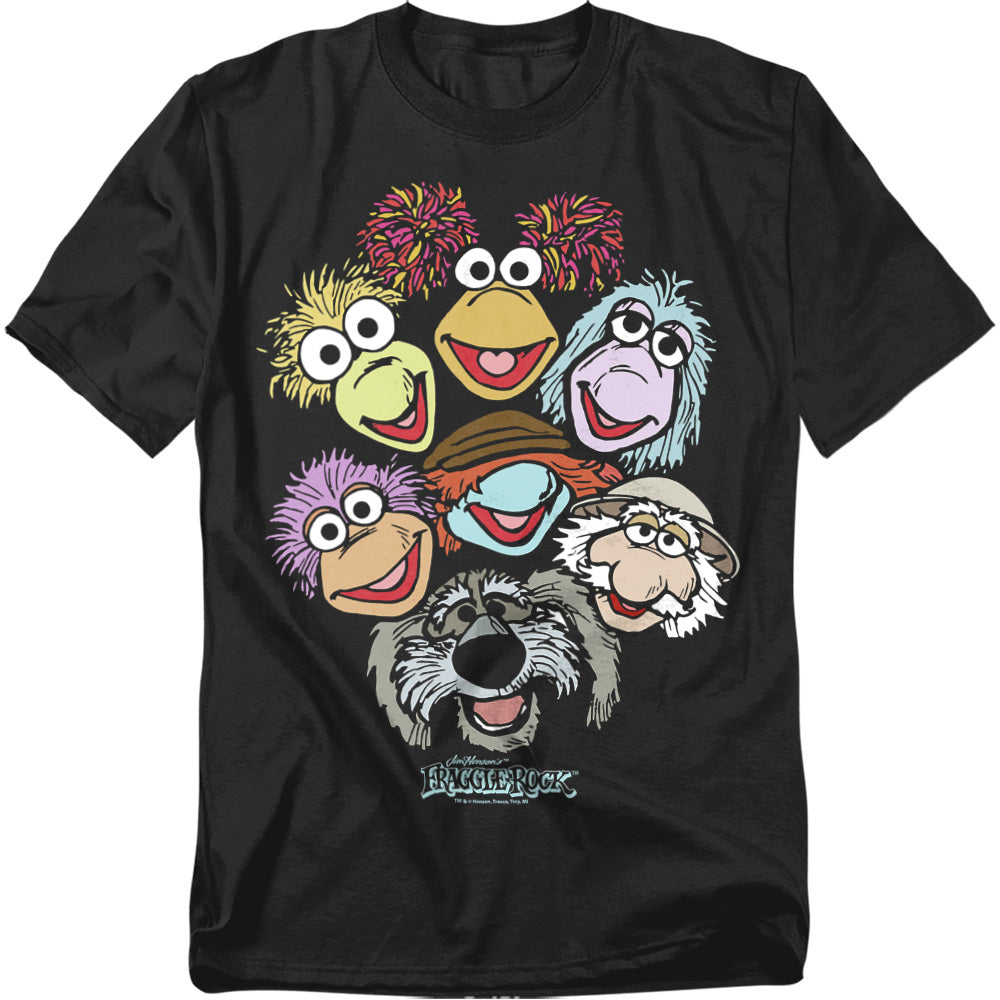 Black t-shirt featuring colorful cartoon faces of Fraggle Rock characters including Gobo, Red, Wembley, Mokey, Boober, and Sprocket.