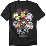 Black t-shirt featuring colorful cartoon faces of Fraggle Rock characters including Gobo, Red, Wembley, Mokey, Boober, and Sprocket.