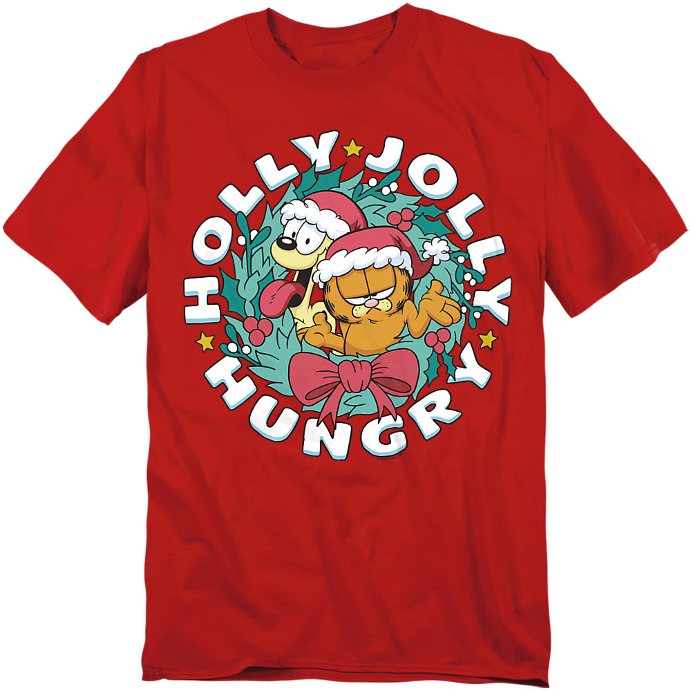 Red t-shirt featuring Garfield and Odie in a Christmas wreath with Santa hats and the text “Holly Jolly Hungry.”