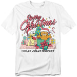 White t-shirt featuring Garfield and Odie in Christmas hats with presents, a Christmas tree, and the text “Merry Christmas – Holly Jolly Hungry.”