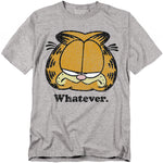 Gray t-shirt featuring Garfield’s unimpressed face with the word “Whatever” below in vintage distressed style.