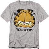 Gray t-shirt featuring Garfield’s unimpressed face with the word “Whatever” below in vintage distressed style.