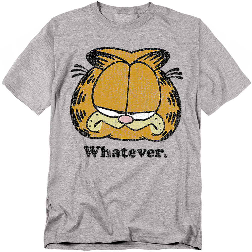 Gray t-shirt featuring Garfield’s unimpressed face with the word “Whatever” below in vintage distressed style.
