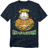 Black t-shirt featuring Garfield inside a carved jack-o-lantern with the caption “Cat-O-Lantern” in bold green and orange lettering.