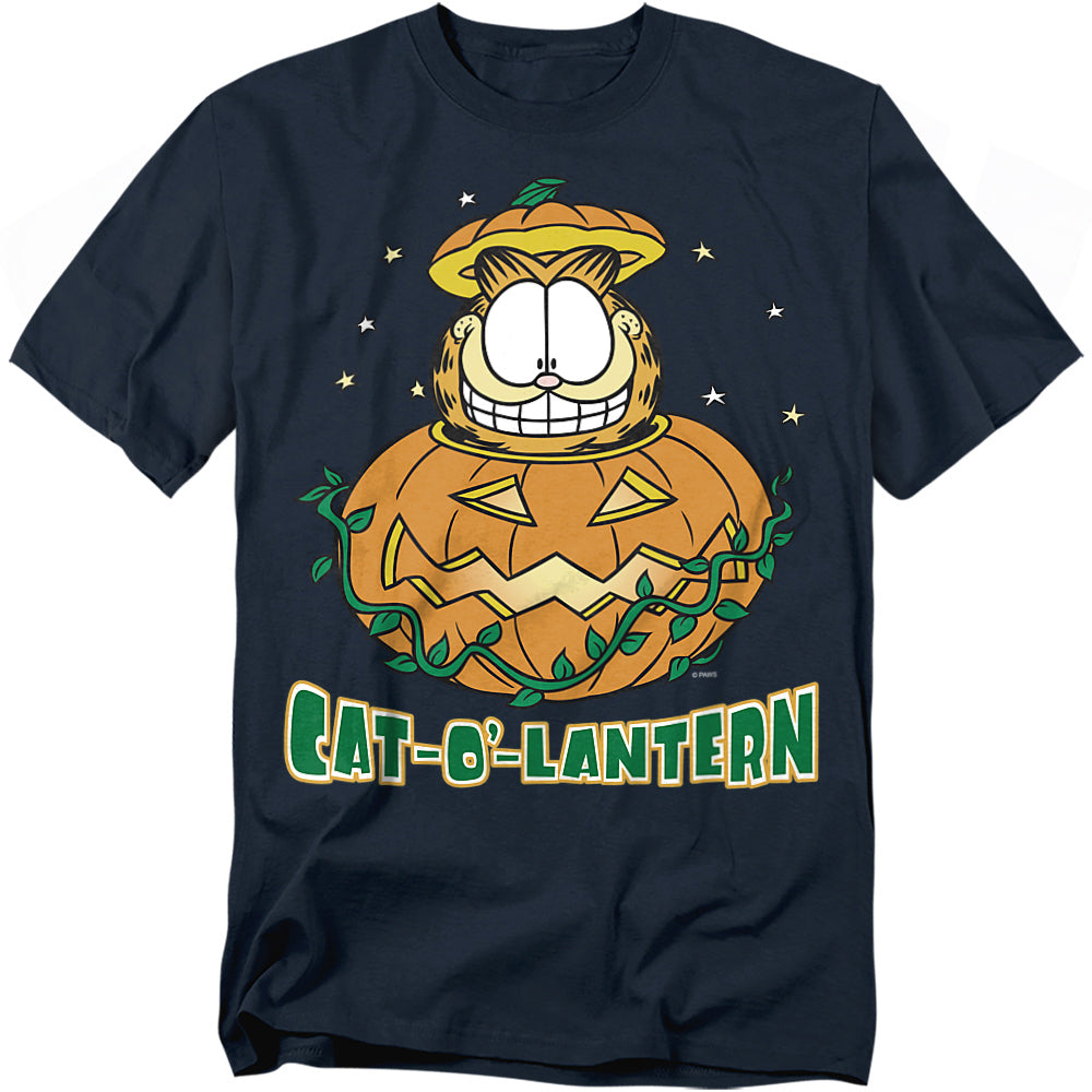 Black t-shirt featuring Garfield inside a carved jack-o-lantern with the caption “Cat-O-Lantern” in bold green and orange lettering.