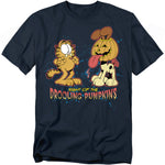Navy blue t-shirt featuring Garfield shocked at Odie with a jack-o’-lantern head drooling, with text that reads “Night of the Drooling Pumpkins.”